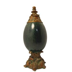 Ornate Egg Decorative Accent Vintage Style Bronze Green Pedestal Height: 9.5 in